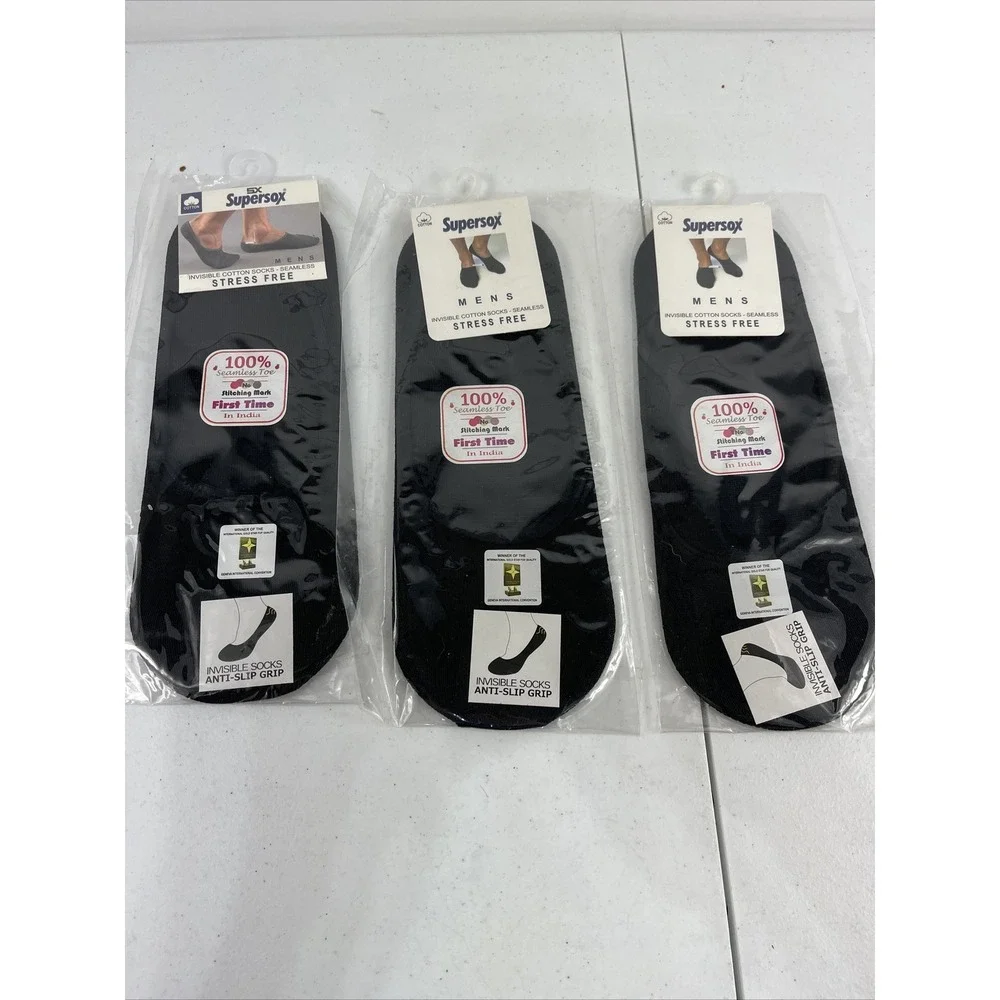 Supersox Mens Black invisible Cotton Socks Seamless Medium 8-10